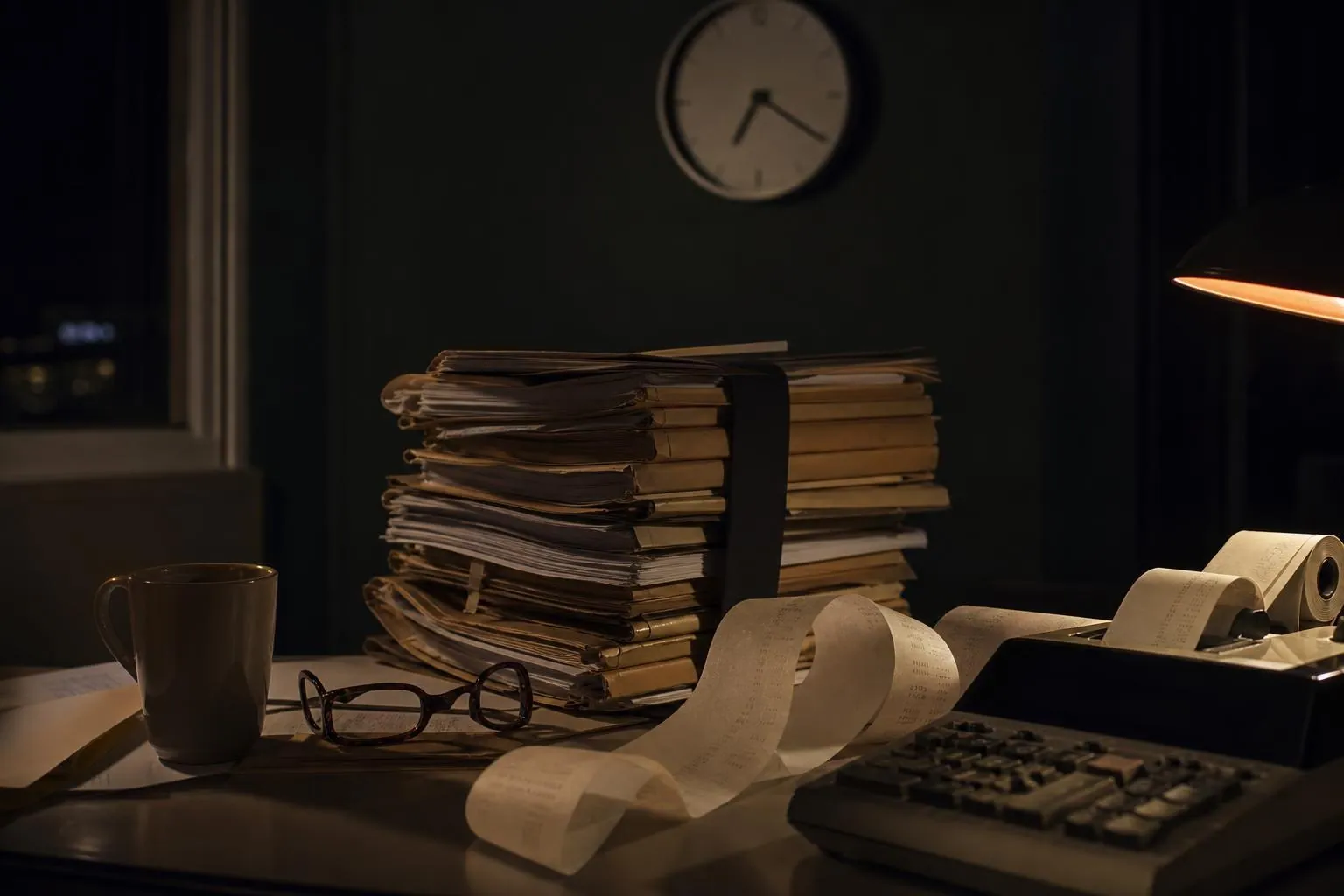 Bureau de cabinet le soir avec une pile de dossiers, une calculatrice de bureau à bandelette papier et une horloge murale