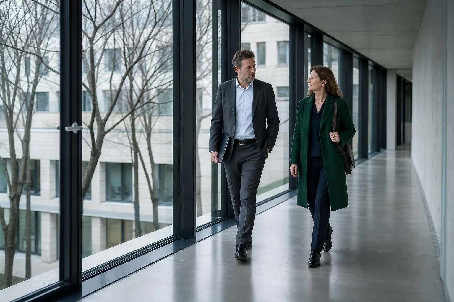 Deux professionnels marchant avec des porte documents dans le couloir vitré d’un immeuble de bureaux au petit matin