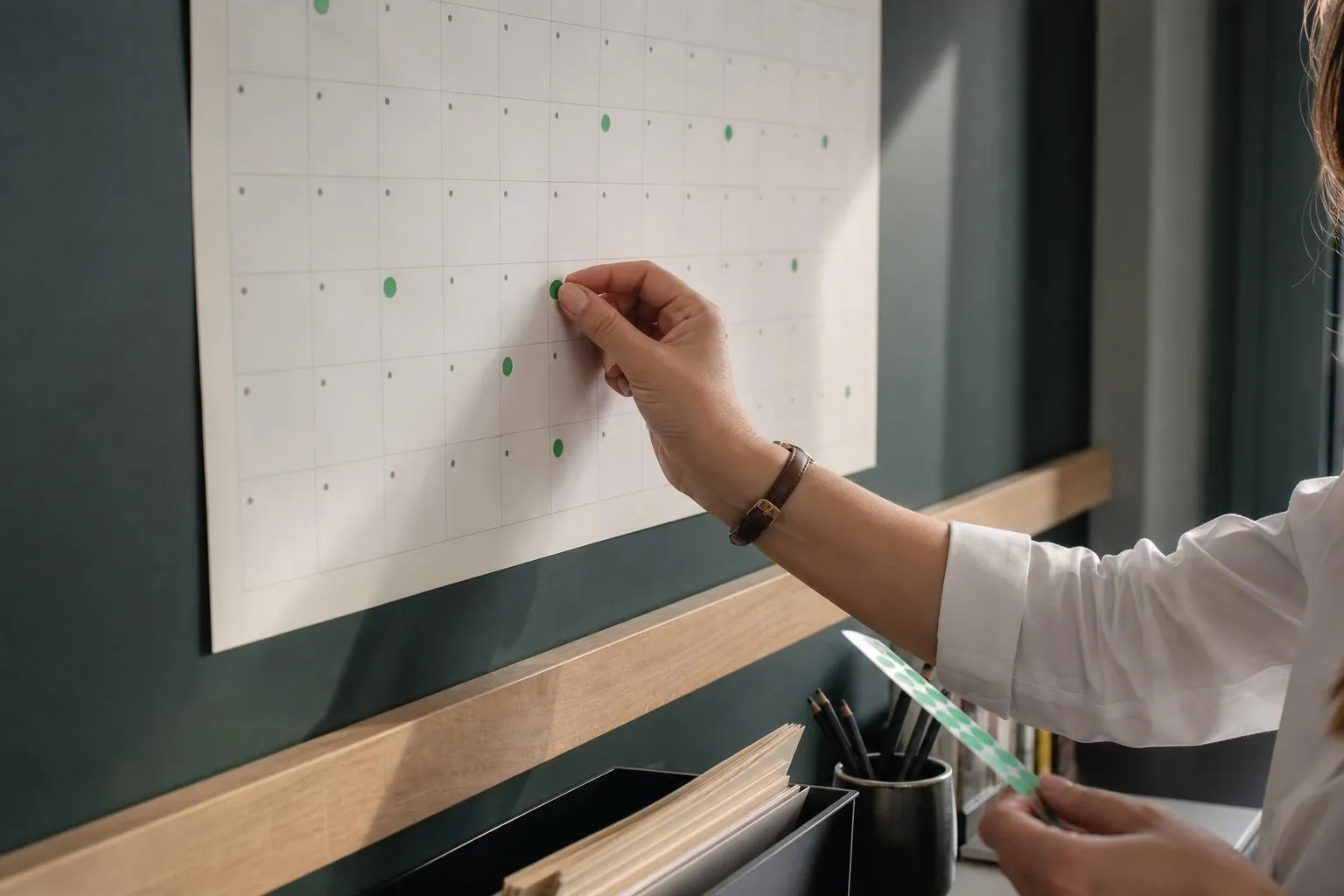 Main d’une gestionnaire posant une pastille de couleur sur un grand calendrier mural en papier au dessus d’une table de travail