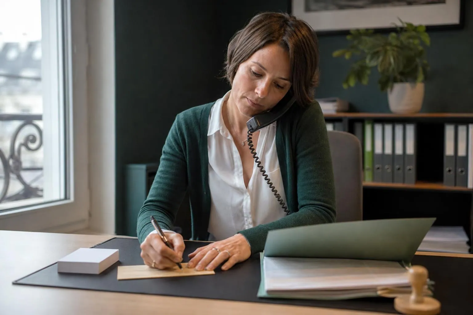 Conseillère en assurance au téléphone fixe dans son bureau, prenant des notes sur une fiche cartonnée posée devant une chemise ouverte
