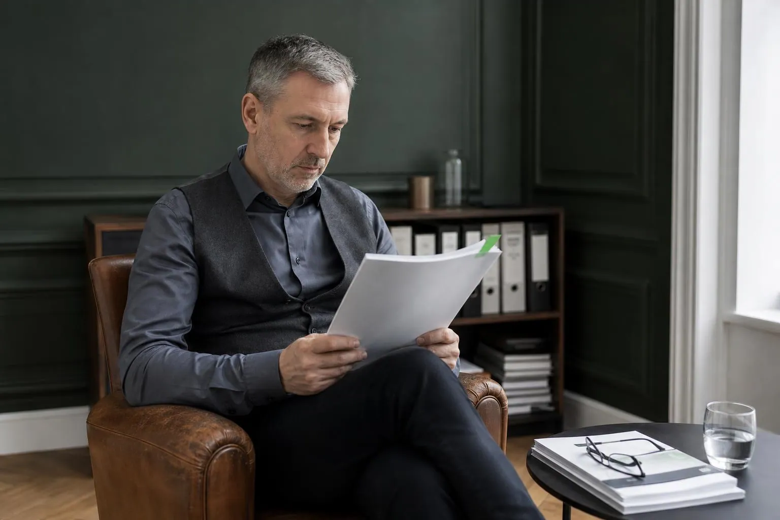 Courtier assis dans un fauteuil de bureau, lisant un fascicule réglementaire imprimé et agrafé, un marque page glissé entre les feuillets