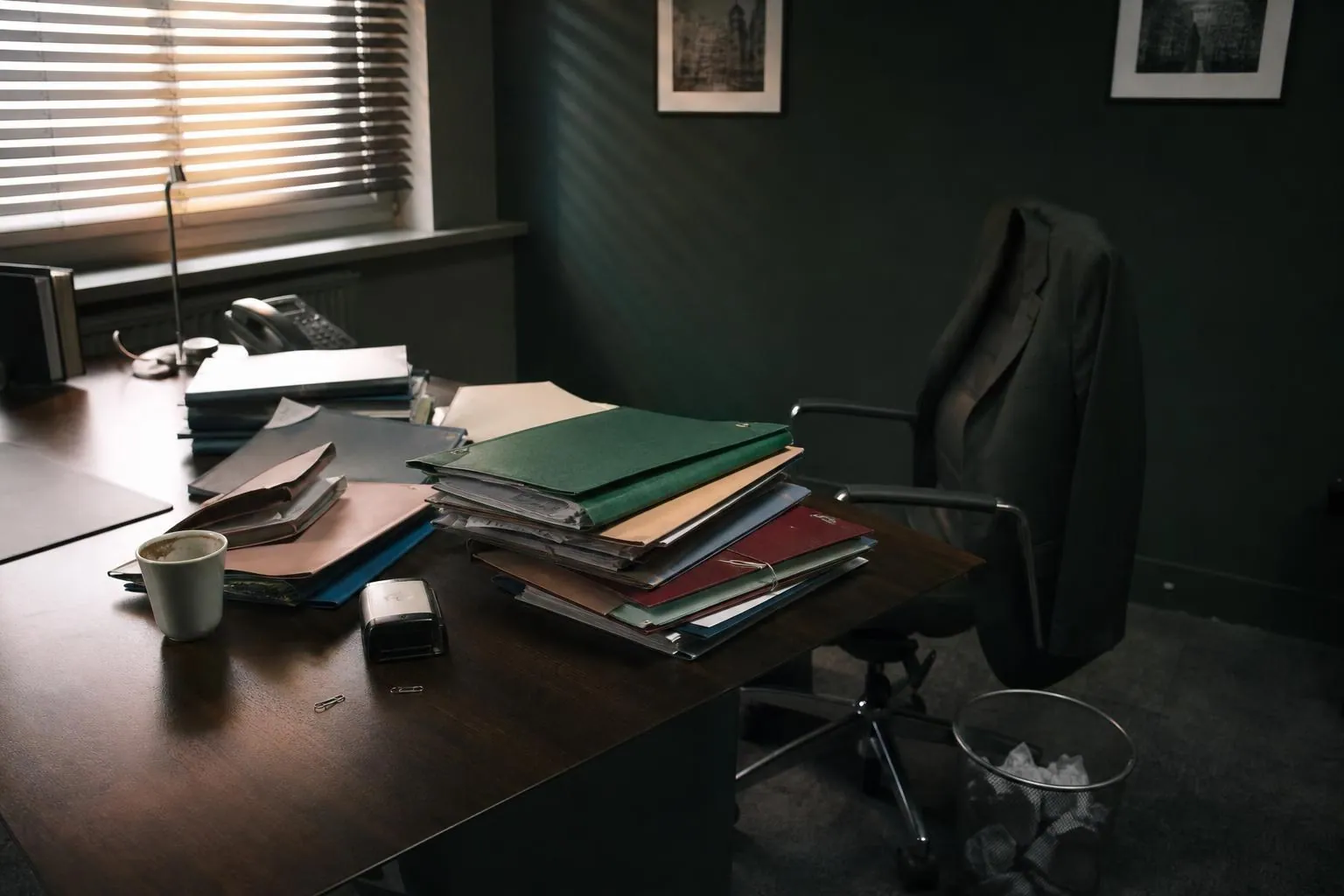 Bureau en fin de journée couvert de chemises mélangées et de feuilles dépareillées, une corbeille à papier posée au sol