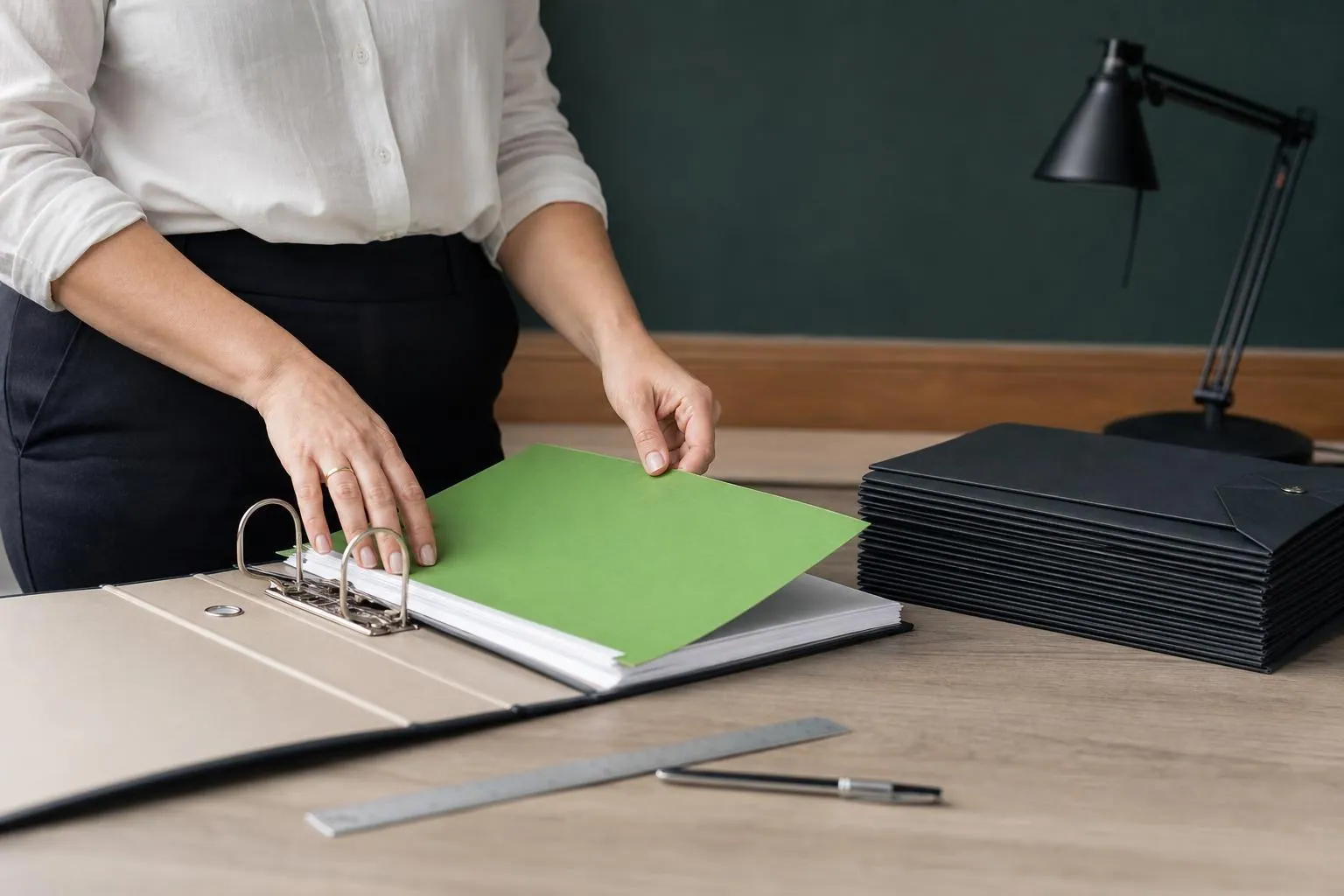 Mains d’une courtière ouvrant un classeur neuf et posant une intercalaire numérotée sur la table de son bureau