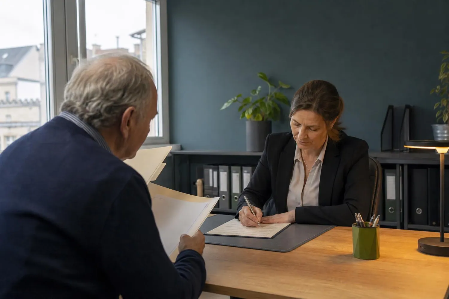 Courtière en assurance assise à son bureau face à un client, prenant note d’une réclamation sur une fiche papier