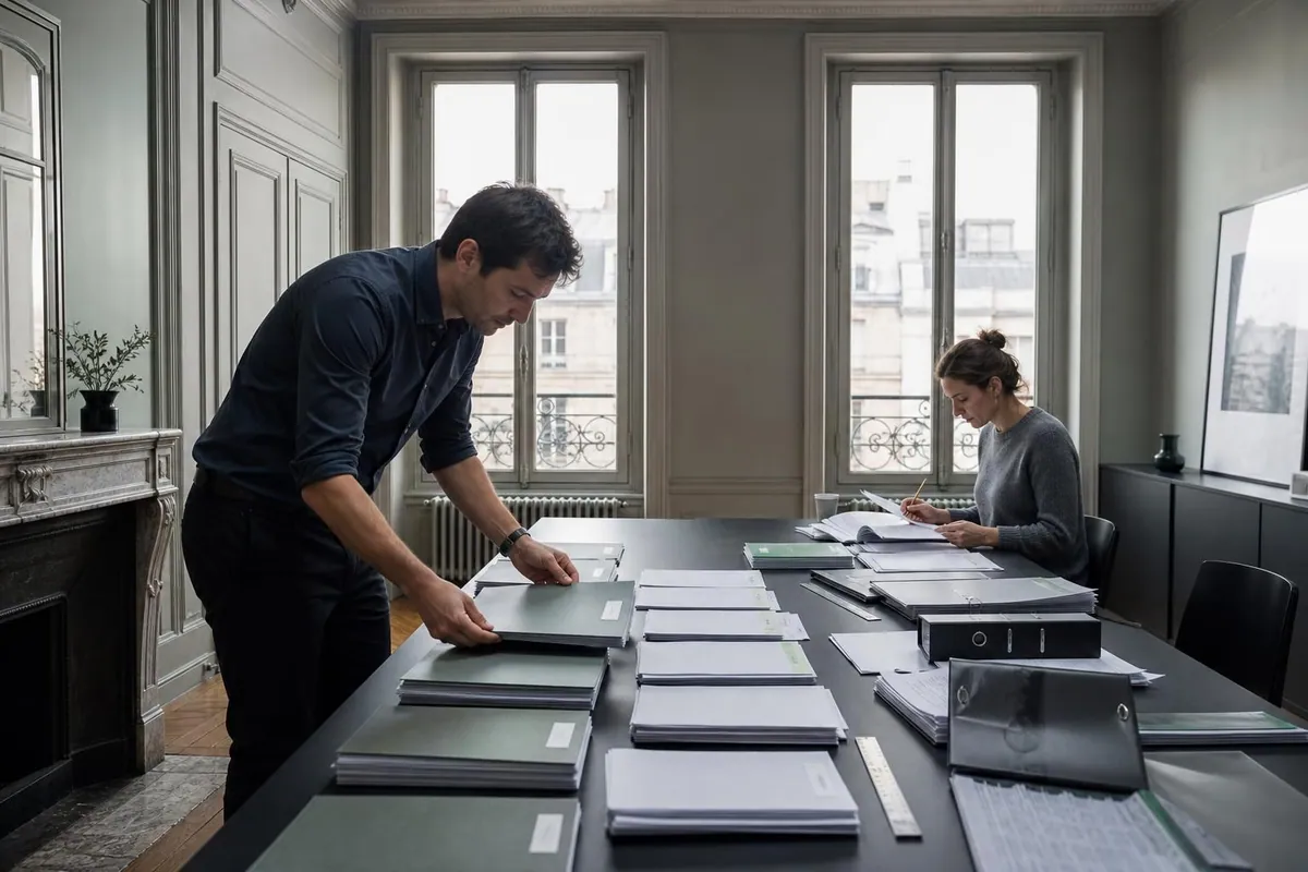 Courtier debout devant une table de réunion couverte de classeurs et de chemises ouvertes, préparant les pièces de son contrôle annuel